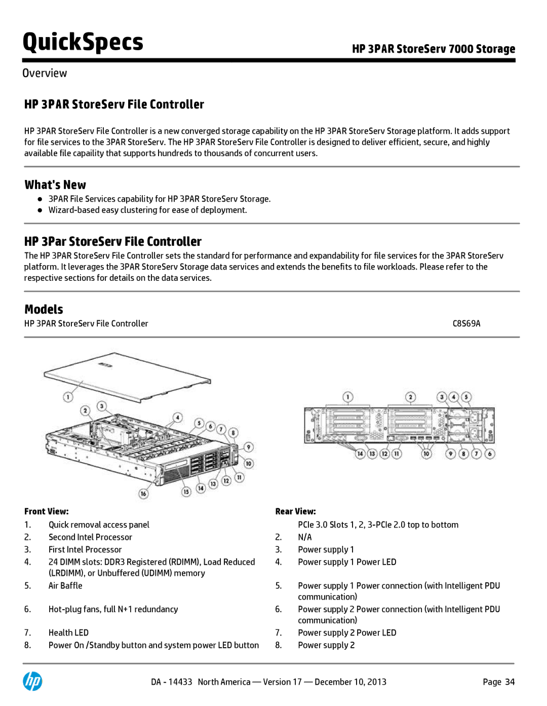 HP M6710 QR490A, M6710 QR504A, 7200 BC746A, 7200 BC745A HP 3PAR StoreServ File Controller, Models, Front View, Rear View 