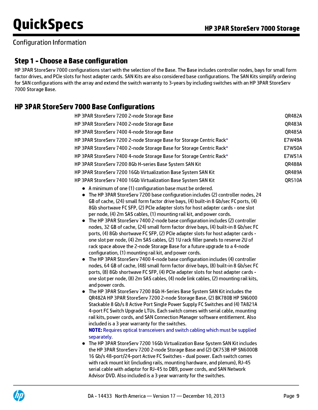 HP 7200 BC746A, M6710 QR504A, M6710 QR490A manual Choose a Base configuration, HP 3PAR StoreServ 7000 Base Configurations 