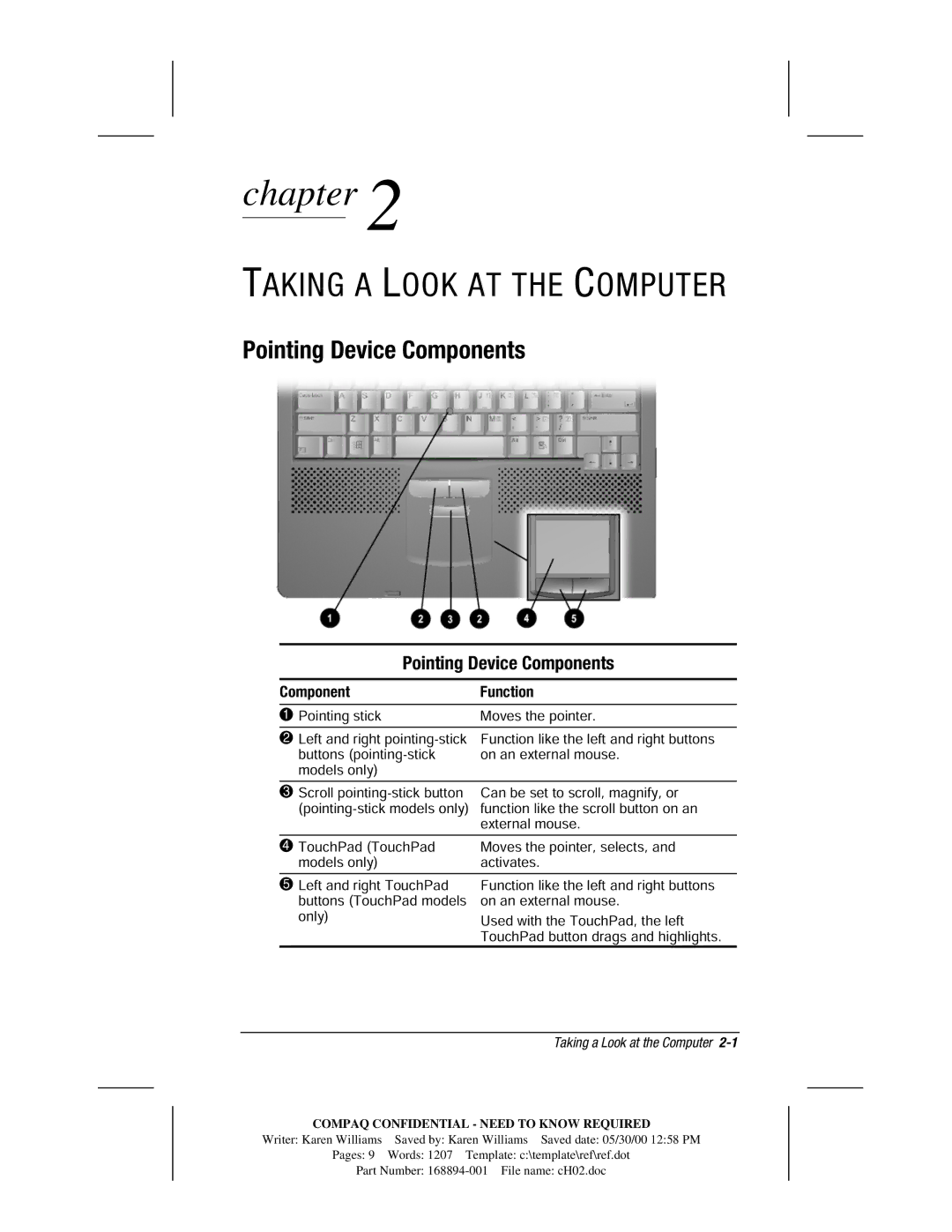 HP m700 manual Pointing Device Components, Component Function, Taking a Look at the Computer 