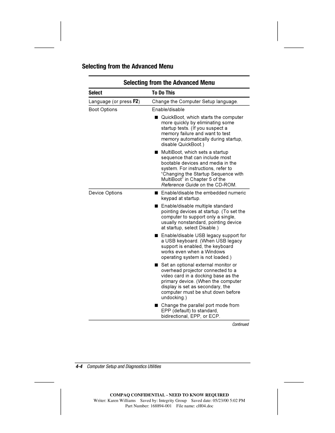 HP m700 manual Selecting from the Advanced Menu, Reference Guide on the CD-ROM, 4Computer Setup and Diagnostics Utilities 