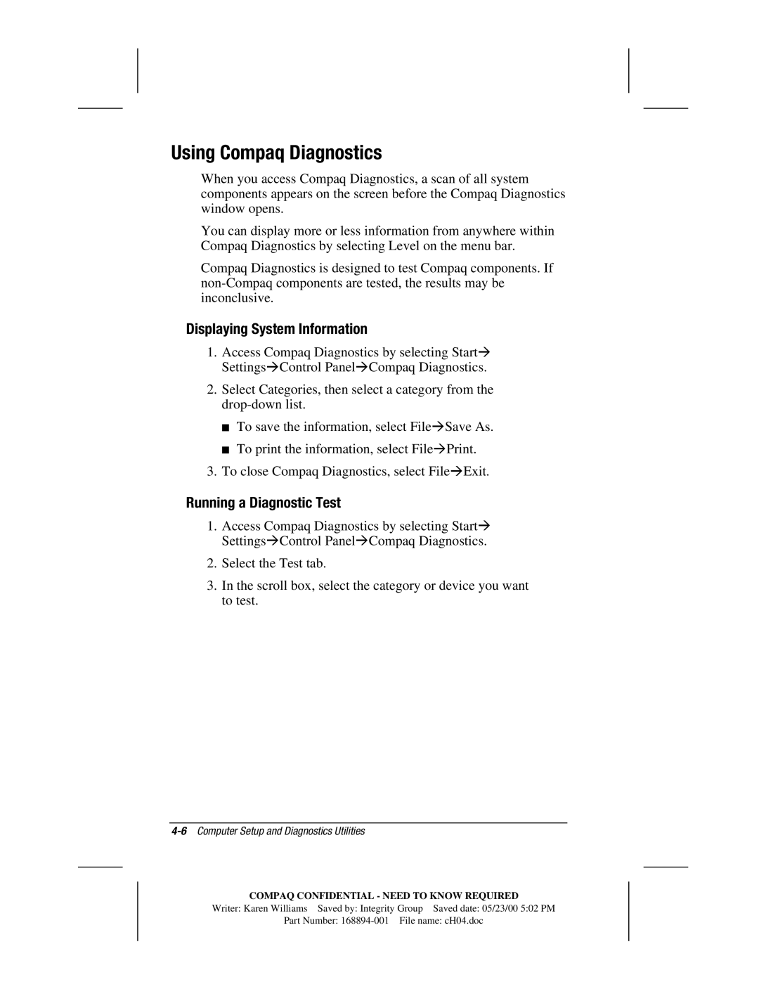 HP m700 manual Using Compaq Diagnostics, Displaying System Information, Running a Diagnostic Test 