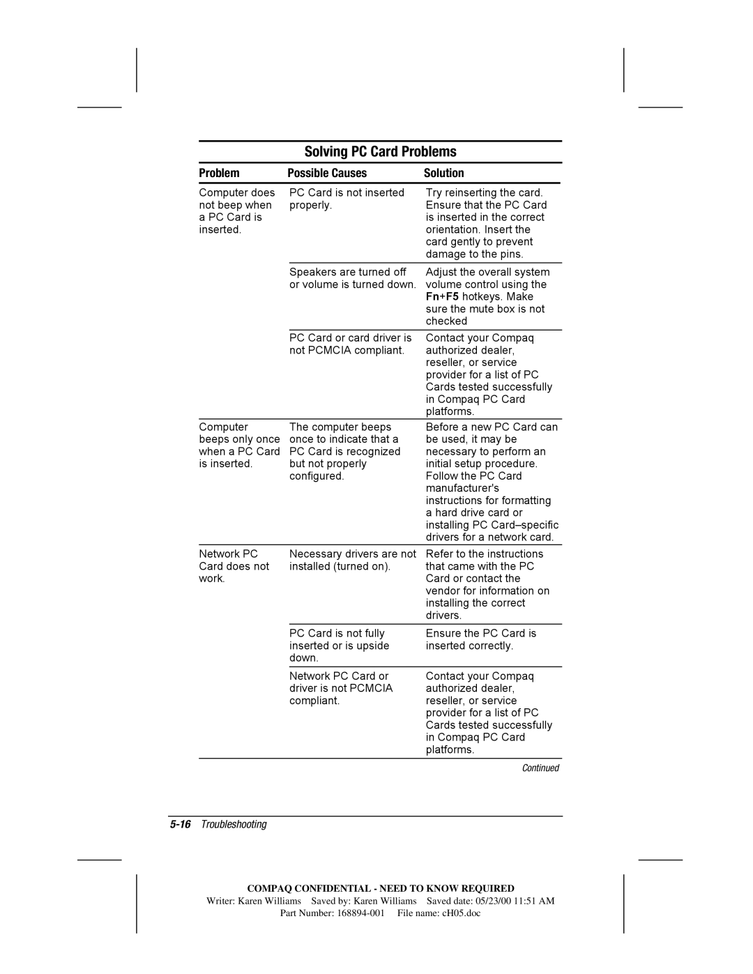 HP m700 manual Solving PC Card Problems, Problem Possible Causes, 16Troubleshooting 