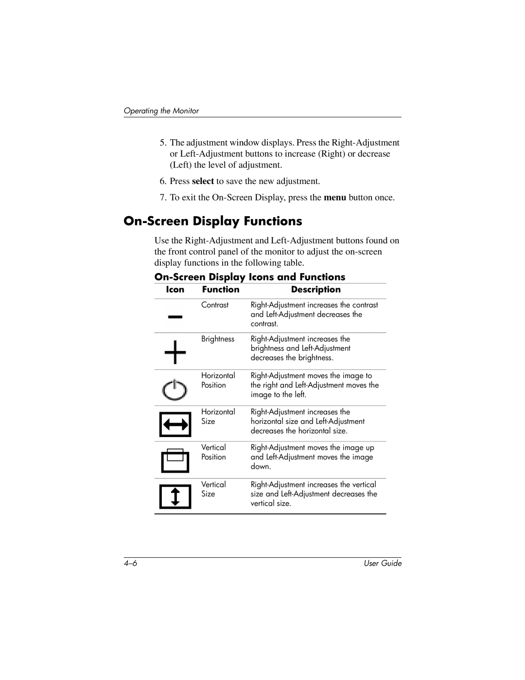 HP m705, v7650, CV7540 manual On-Screen Display Functions, On-Screen Display Icons and Functions 