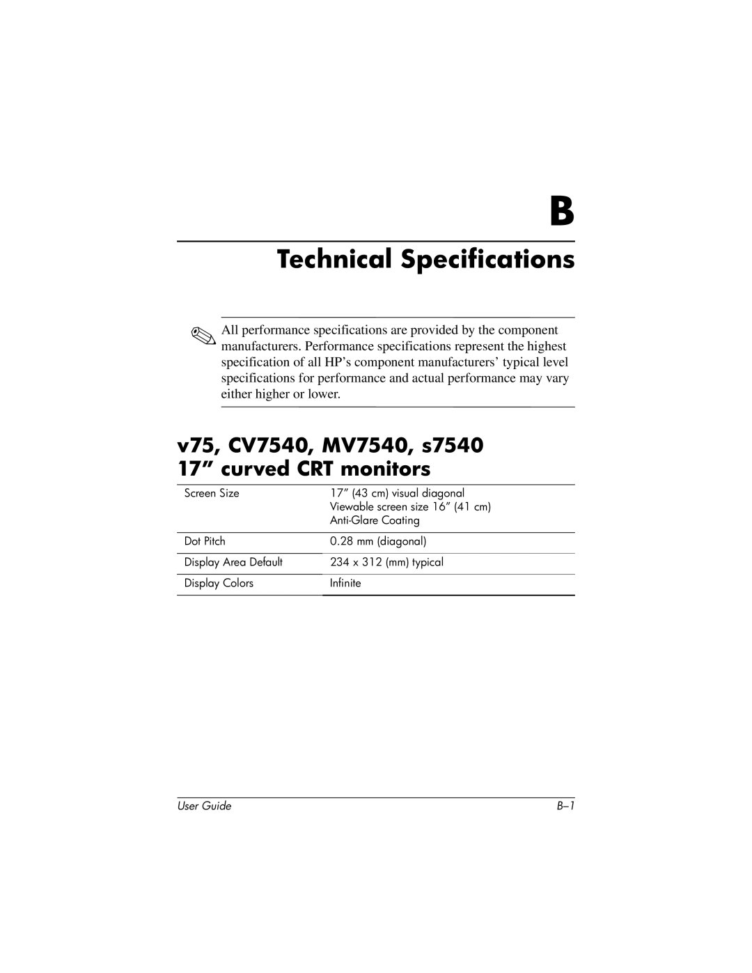 HP m705, v7650 manual Technical Specifications, V75, CV7540, MV7540, s7540 17 curved CRT monitors 