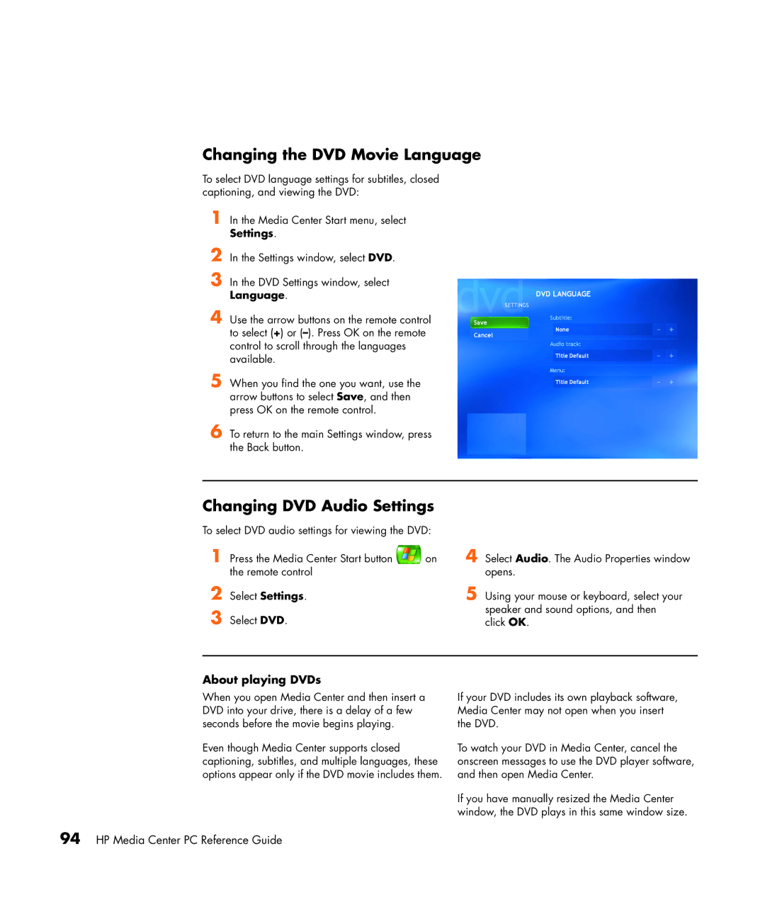 HP m7070n, m7087c, m7077c, m7067c, m7063w Changing the DVD Movie Language, Changing DVD Audio Settings, About playing DVDs 