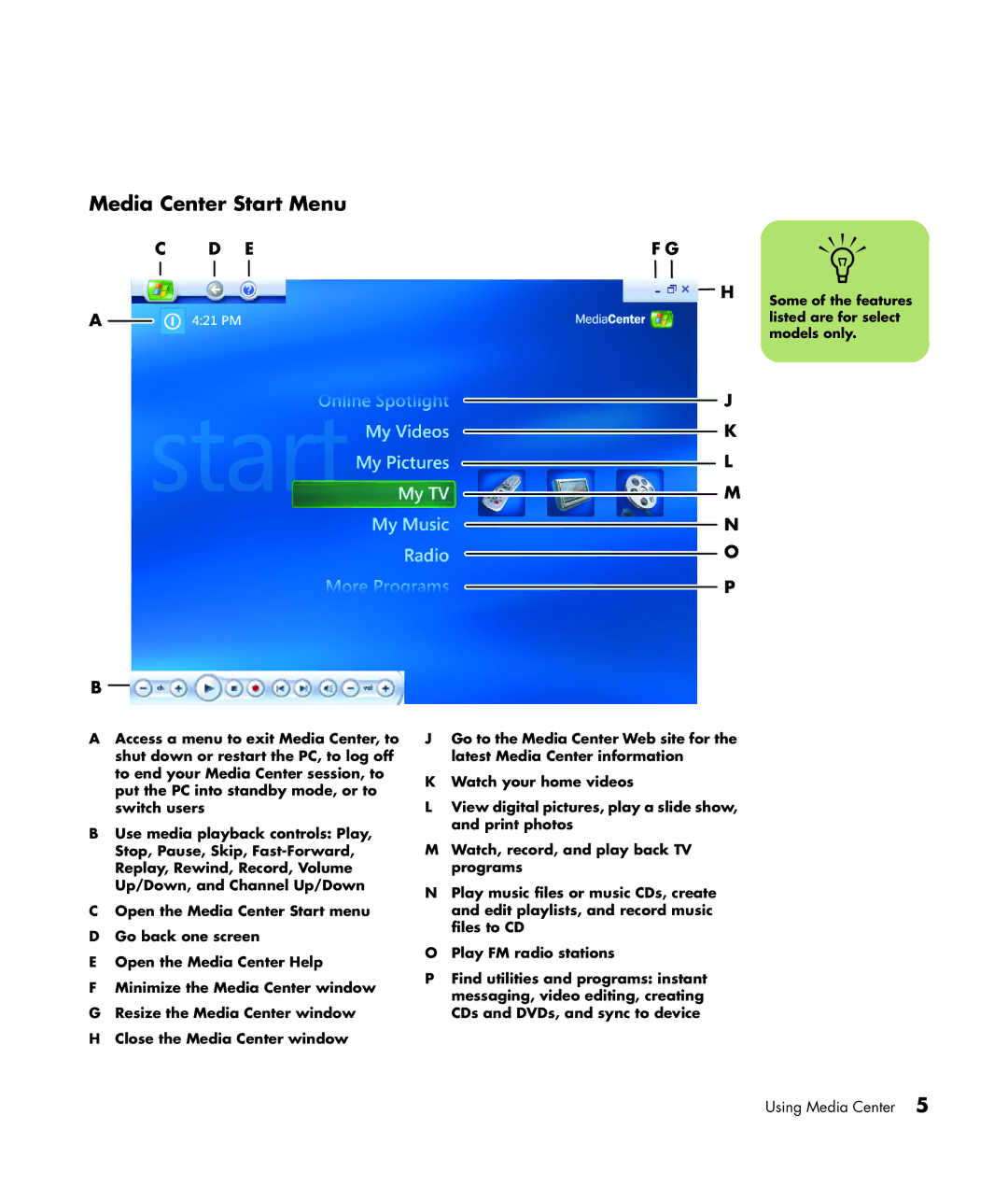 HP m7063w, m7087c, m7077c, m7067c, m7070n, m7050y (PX153AV), m7060n, m7050e (PX154AV) manual Media Center Start Menu, Ef G 