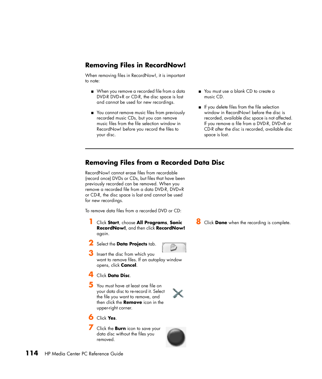 HP m7087c Removing Files in RecordNow, Removing Files from a Recorded Data Disc, Click Start , choose All Programs , Sonic 