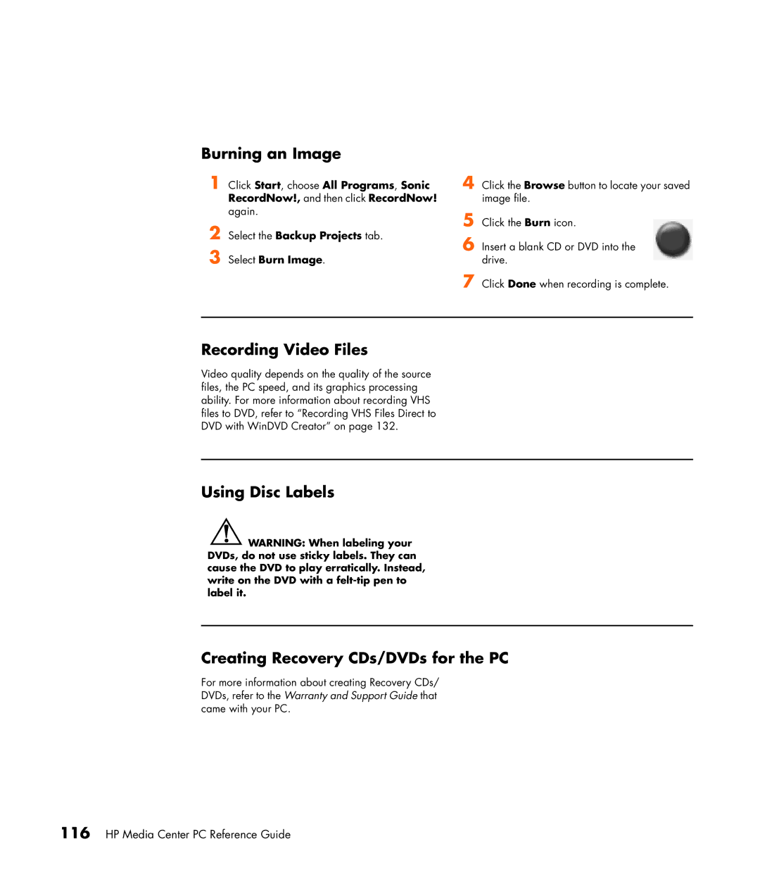 HP m7067c, m7087c, m7077c Burning an Image, Recording Video Files, Using Disc Labels Creating Recovery CDs/DVDs for the PC 