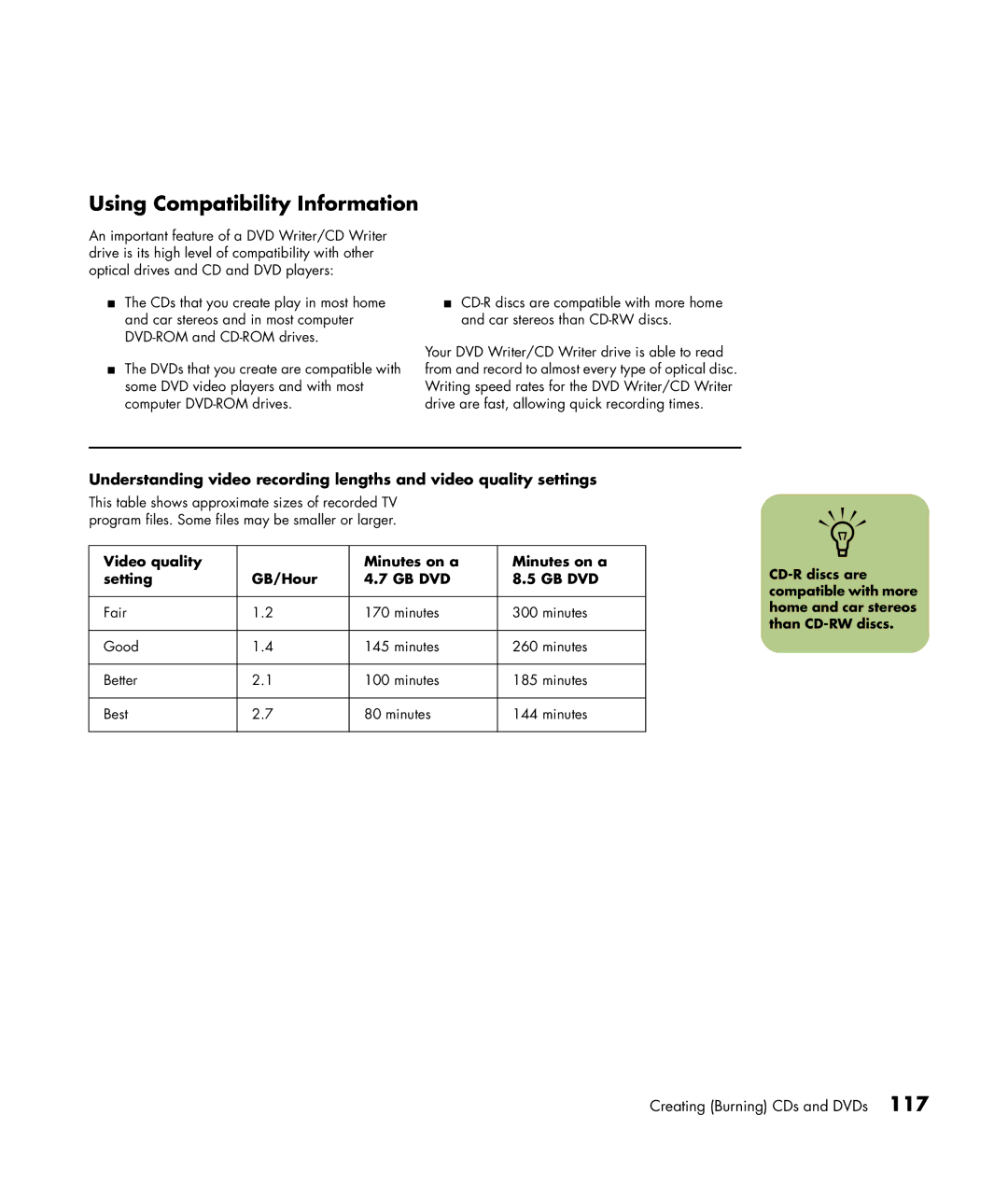 HP m7063w, m7087c, m7077c, m7067c, m7070n Using Compatibility Information, Video quality Minutes on a Setting GB/Hour GB DVD 