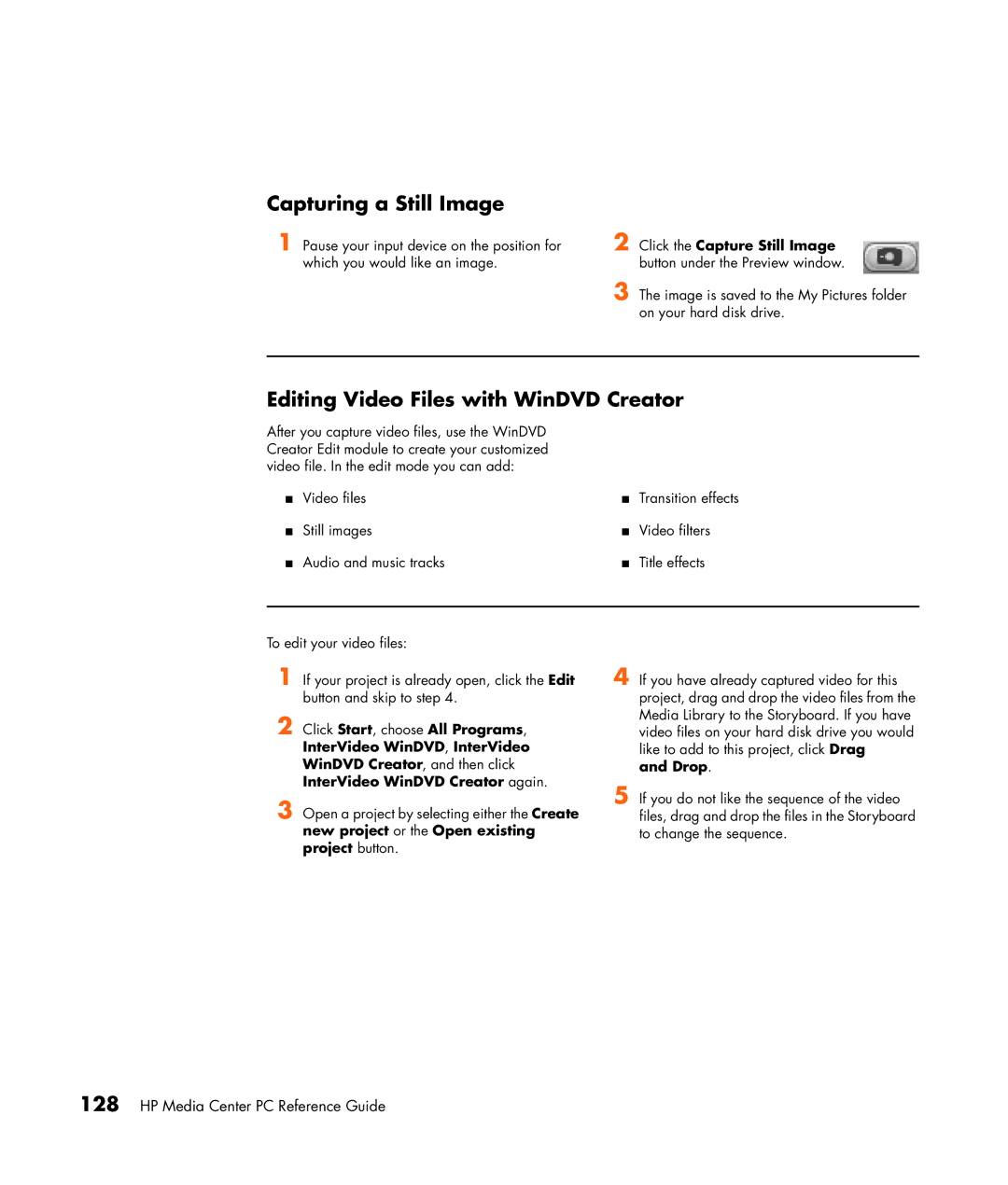HP m7060n, m7087c, m7077c, m7067c, m7063w, m7070n manual Capturing a Still Image, Editing Video Files with WinDVD Creator, Drop 