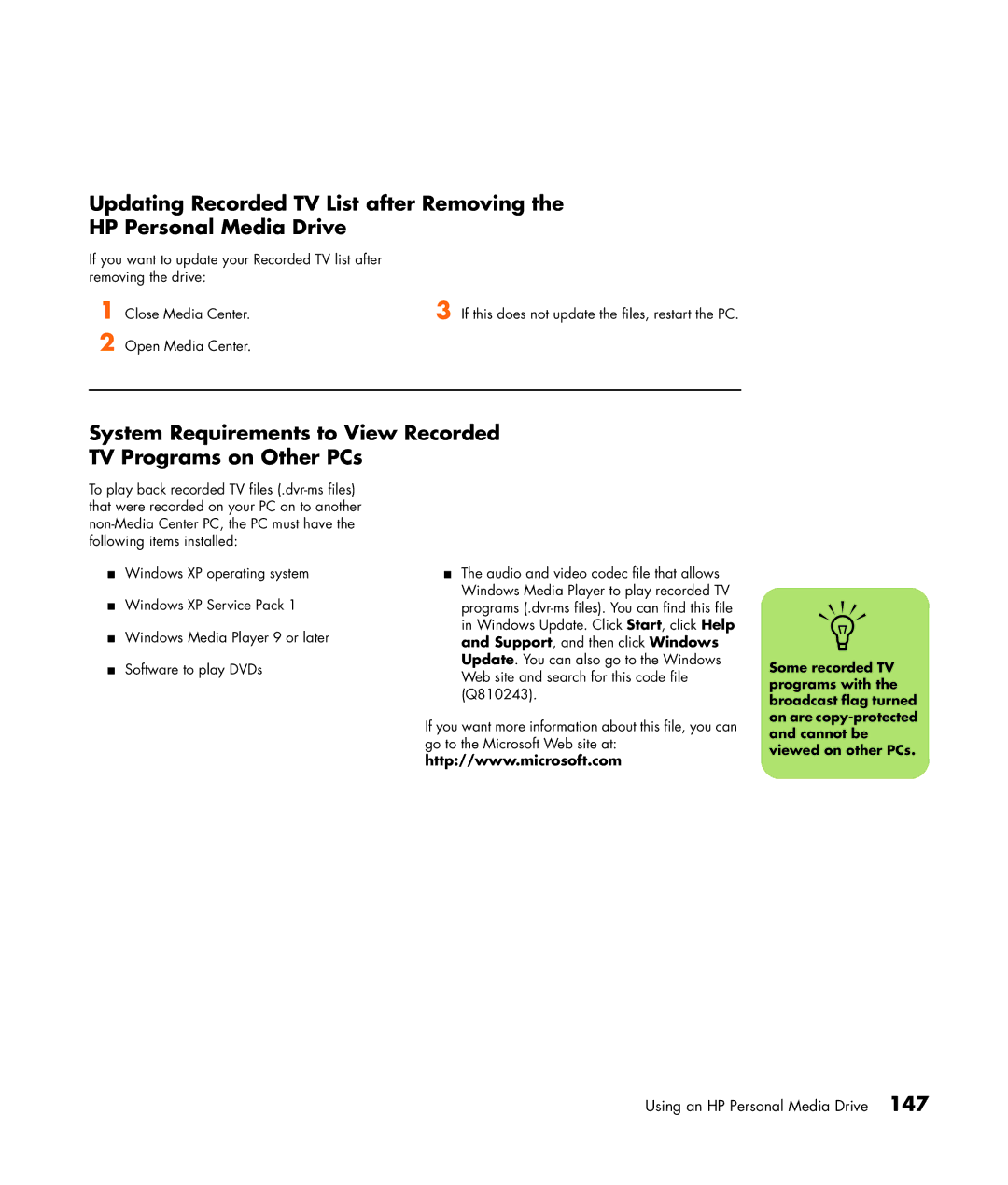 HP m7077c, m7087c, m7067c, m7063w, m7070n, m7050y (PX153AV), m7060n, m7050e (PX154AV) manual Using an HP Personal Media Drive 