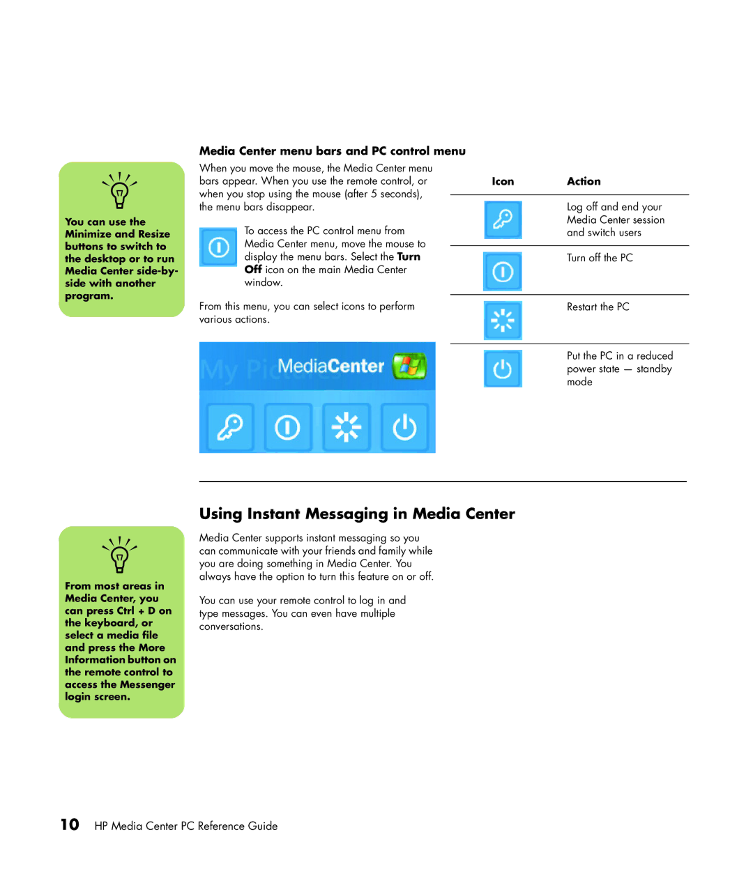HP m7087c, m7077c, m7067c, m7063w, m7070n Using Instant Messaging in Media Center, Media Center menu bars and PC control menu 