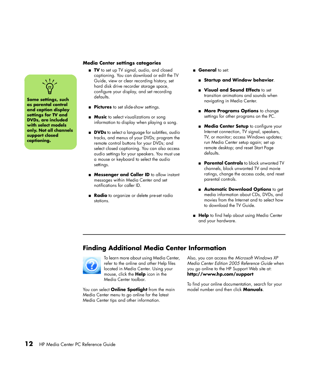 HP m7067c, m7087c, m7077c, m7063w, m7070n manual Finding Additional Media Center Information, Media Center settings categories 