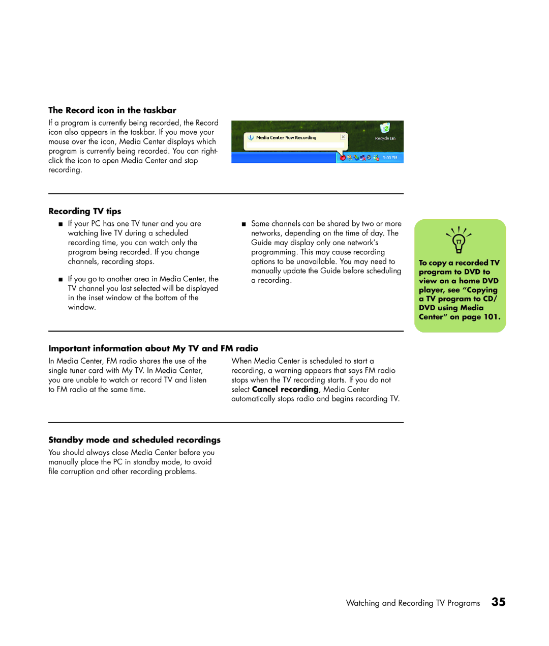 HP m7077c, m7087c, m7067c Record icon in the taskbar, Recording TV tips, Important information about My TV and FM radio 