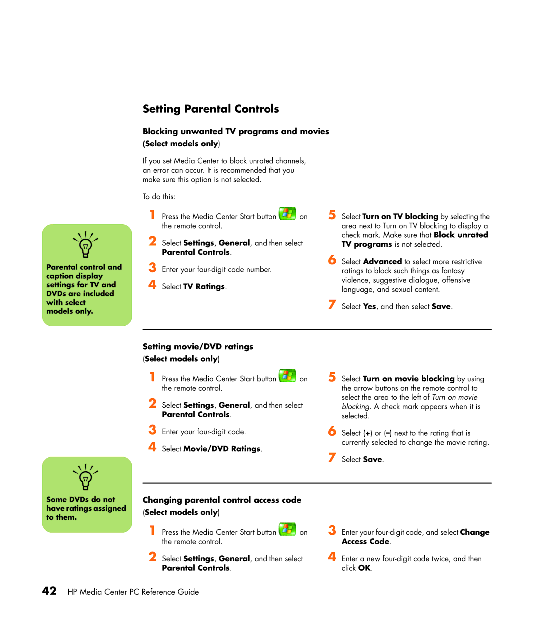 HP m7087c, m7077c, m7067c Setting Parental Controls, Blocking unwanted TV programs and movies, Setting movie/DVD ratings 