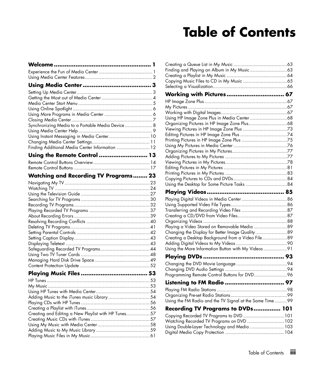 HP m7050y (PX153AV), m7087c, m7077c, m7067c, m7063w, m7070n, m7060n, m7050e (PX154AV) manual Table of Contents 