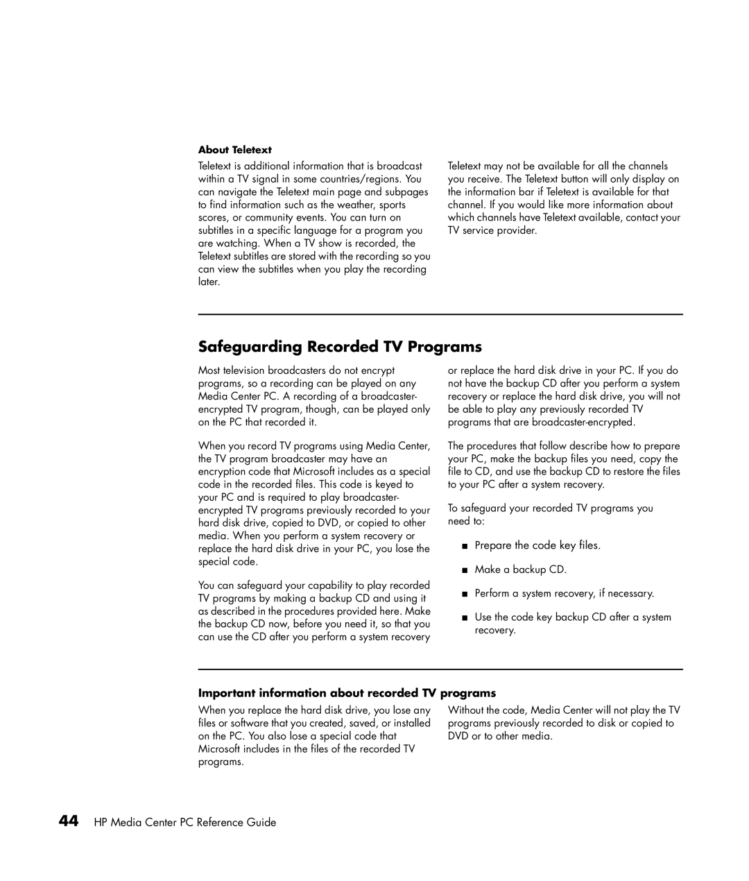 HP m7067c, m7087c manual Safeguarding Recorded TV Programs, Important information about recorded TV programs, About Teletext 