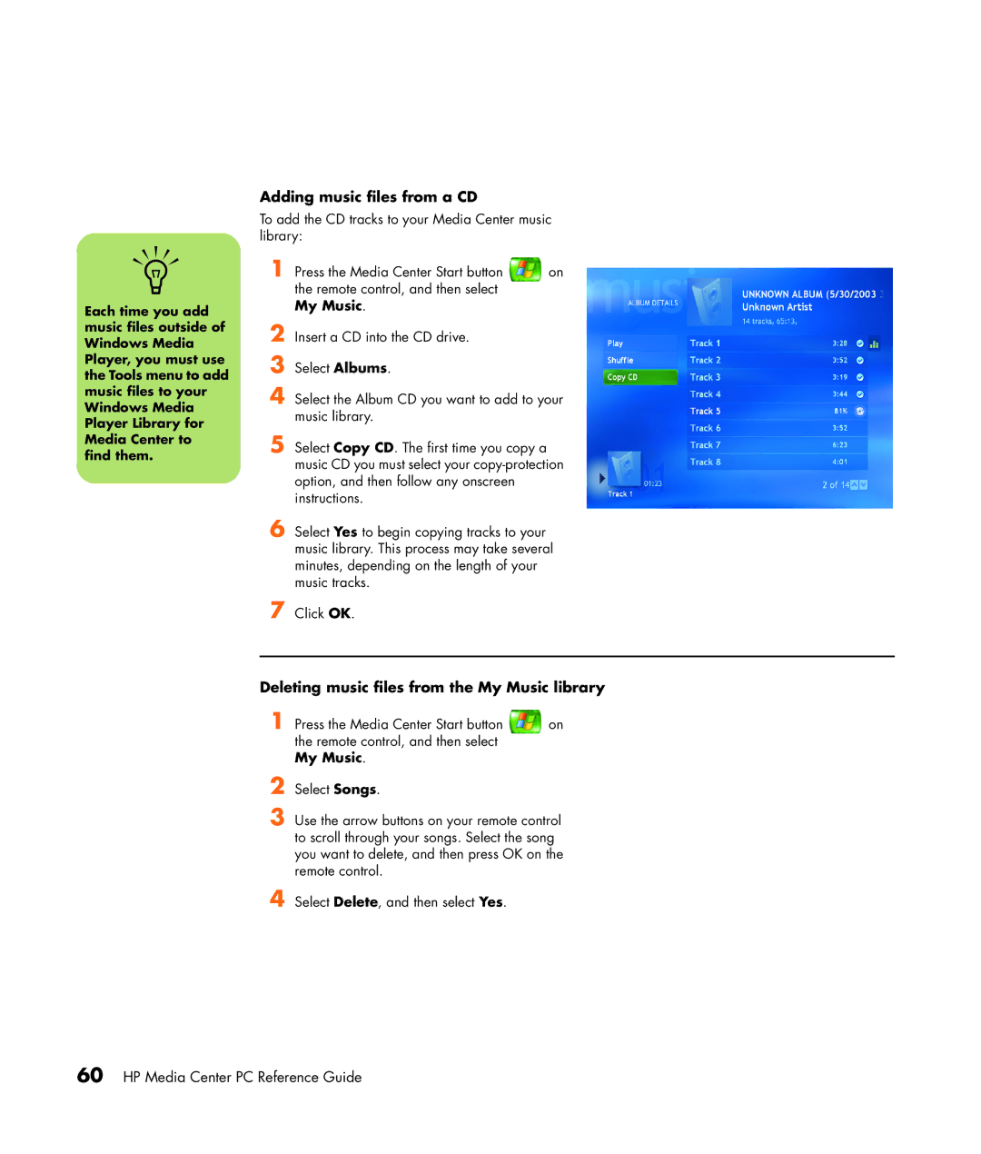 HP m7067c, m7087c, m7077c, m7063w, m7070n, m7060n Adding music files from a CD, Deleting music files from the My Music library 