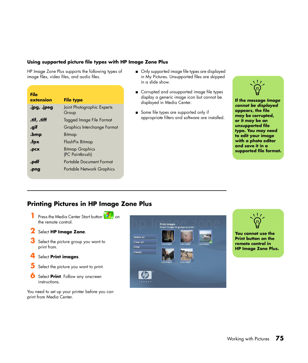 HP m7077c, m7087c manual Printing Pictures in HP Image Zone Plus, Using supported picture file types with HP Image Zone Plus 