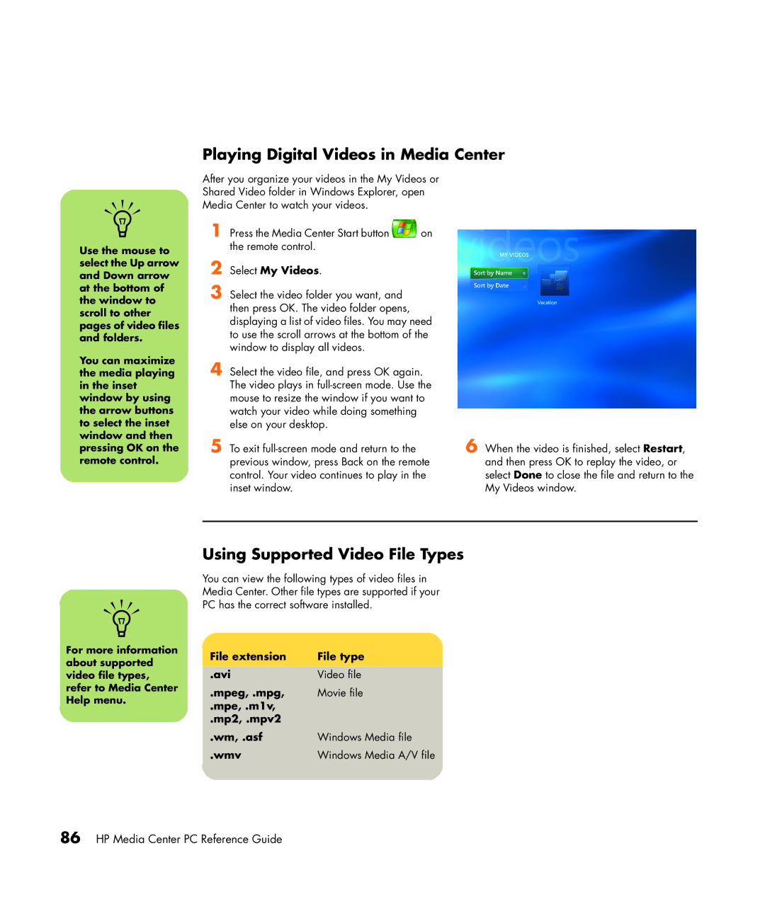 HP m7070n, m7087c, m7077c, m7067c Playing Digital Videos in Media Center, Using Supported Video File Types, Select My Videos 