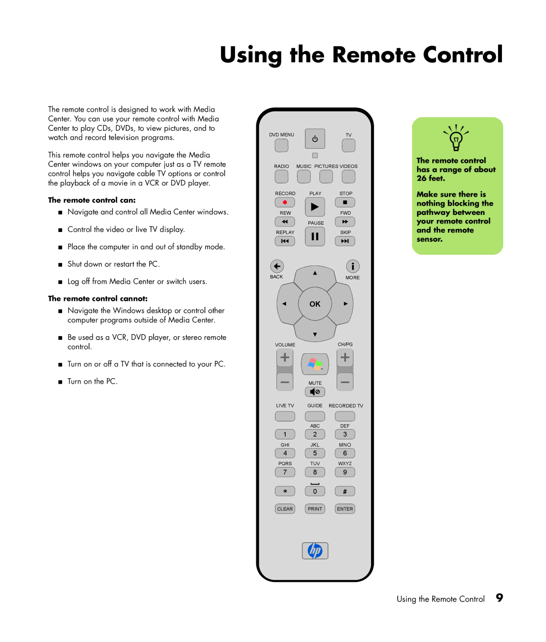 HP m7077d, m7088a, m7091.uk, m7077c, m7067c, m7063w, m7070n, m7060n manual Using the Remote Control, Remote control cannot 