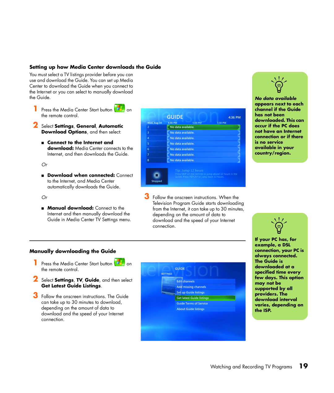 HP m7077d, m7088a, m7091.uk, m7077c, m7067c Setting up how Media Center downloads the Guide, Manually downloading the Guide 