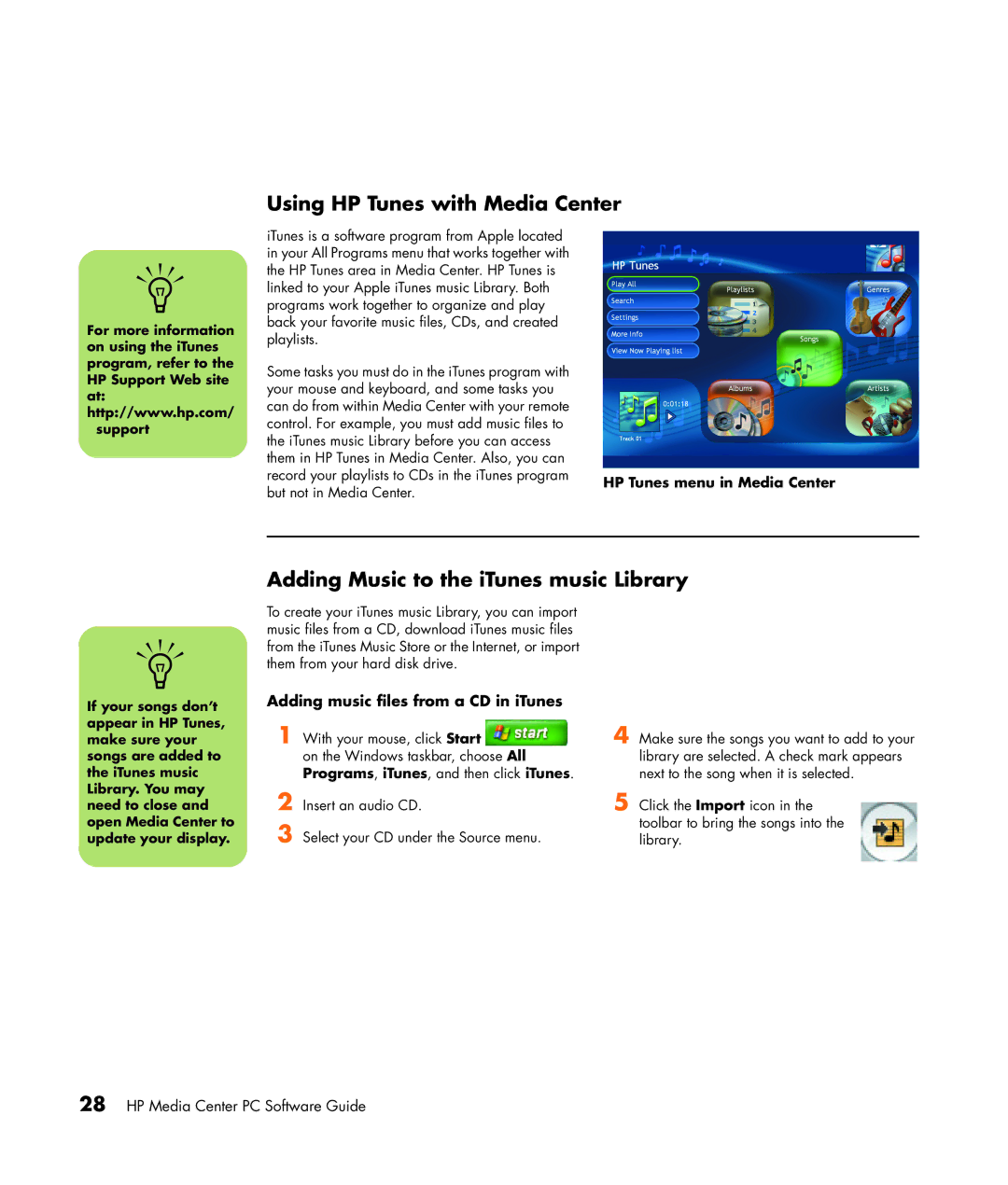 HP m7077c, m7088a, m7091.uk, m7077d, m7067c, m7063w Using HP Tunes with Media Center, Adding Music to the iTunes music Library 