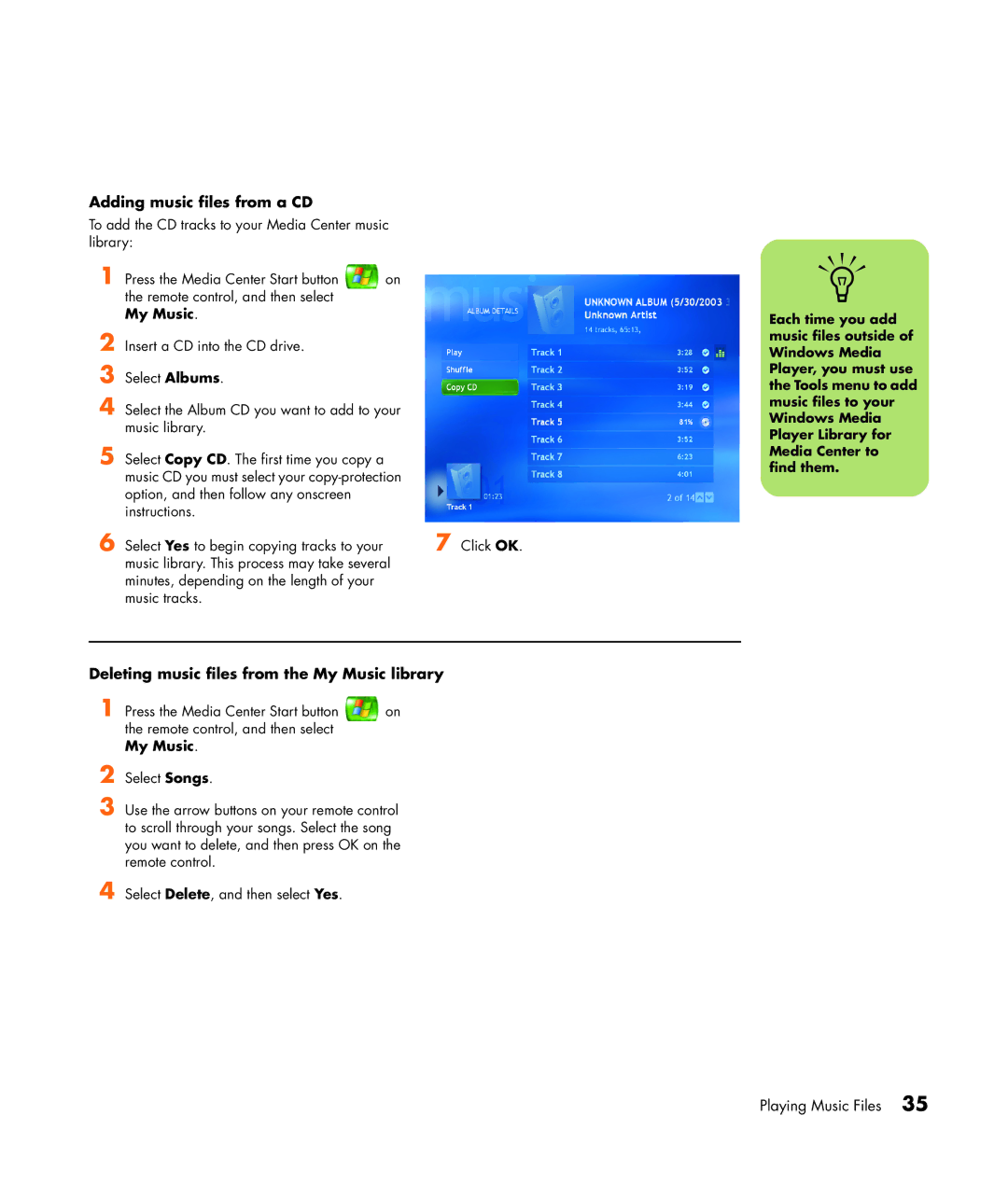 HP m7050e (PX154AV), m7088a, m7091.uk, m7077c Adding music files from a CD, Deleting music files from the My Music library 