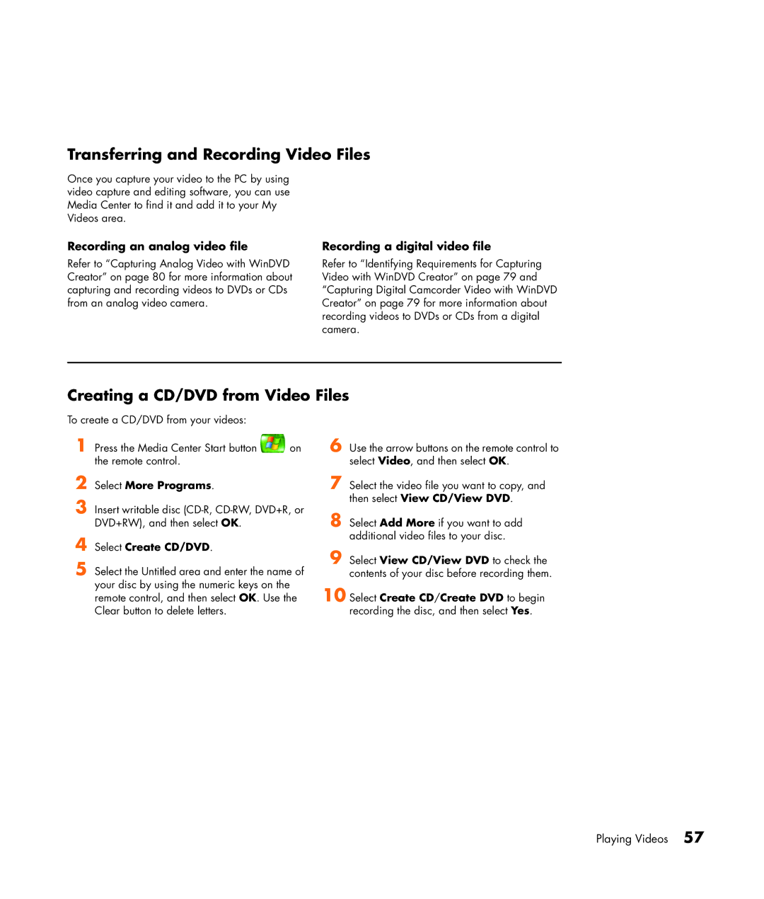 HP m7091.uk Transferring and Recording Video Files, Creating a CD/DVD from Video Files, Recording an analog video file 