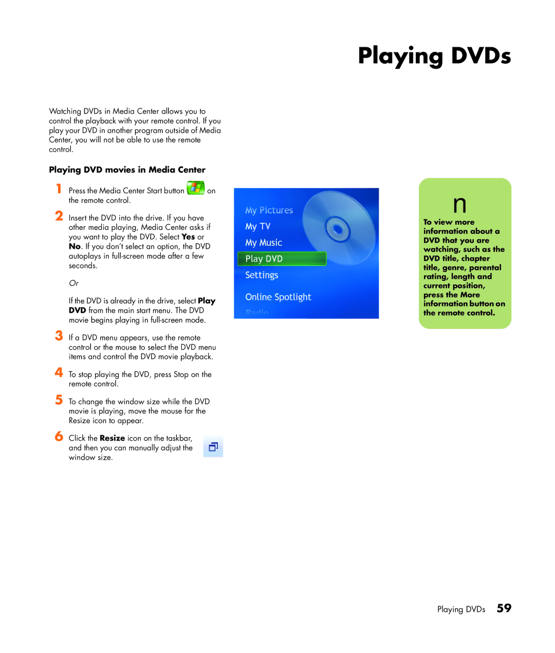 HP m7077d, m7088a, m7091.uk, m7077c, m7067c, m7063w, m7070n, m7050y (PX153AV) Playing DVDs, Playing DVD movies in Media Center 