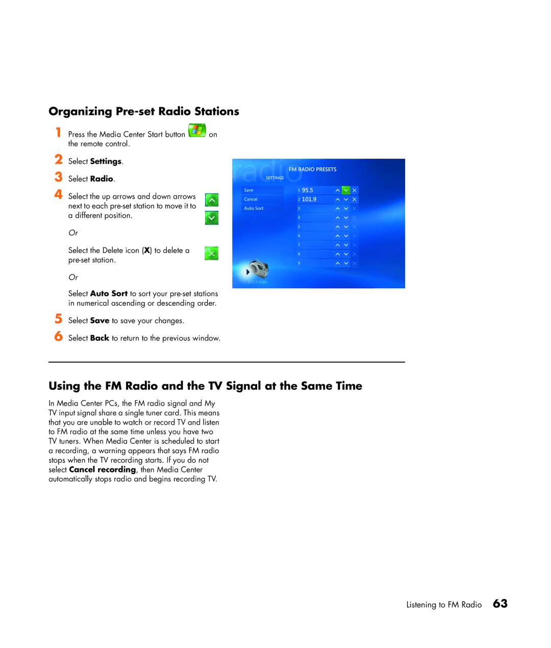 HP m7050y (PX153AV), m7088a manual Organizing Pre-set Radio Stations, Using the FM Radio and the TV Signal at the Same Time 