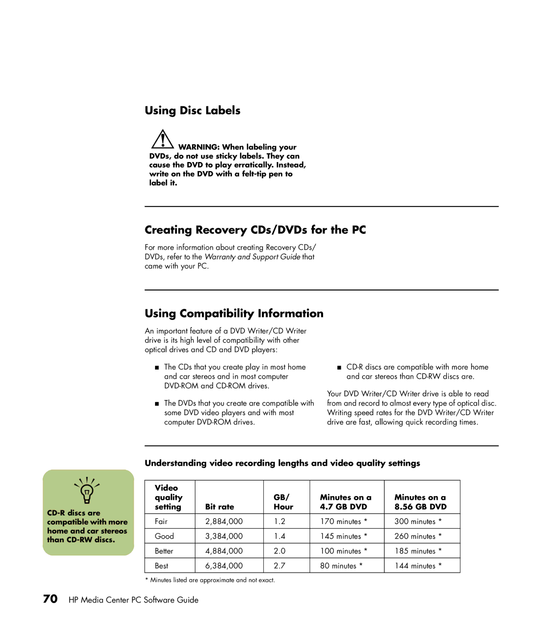 HP m7067c, m7088a, m7091.uk, m7077c Using Disc Labels Creating Recovery CDs/DVDs for the PC, Using Compatibility Information 