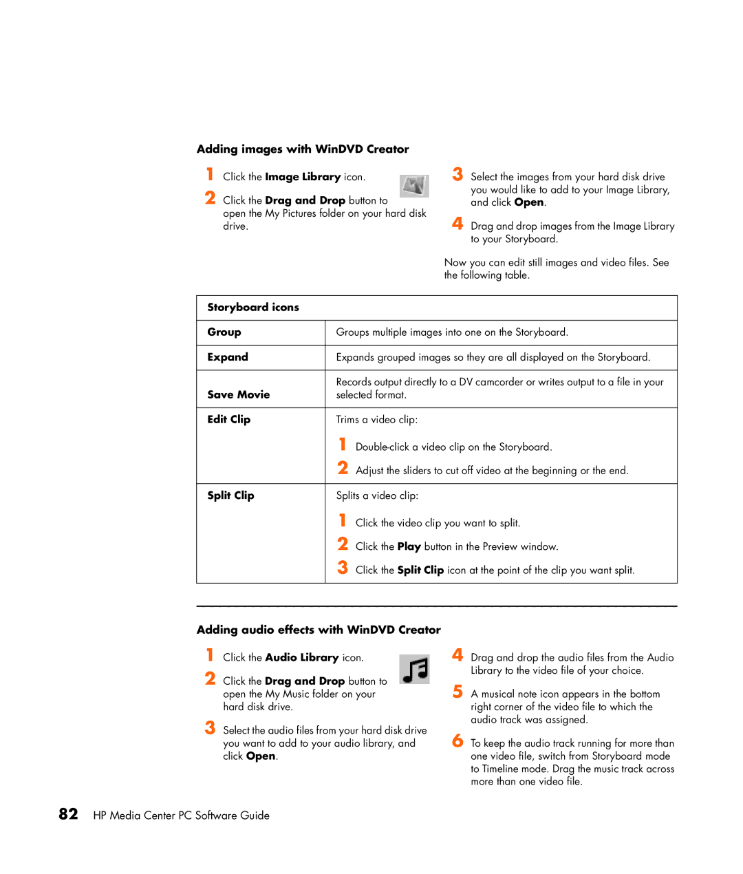 HP m7070n, m7088a, m7091.uk, m7077c, m7077d manual Adding images with WinDVD Creator, Adding audio effects with WinDVD Creator 