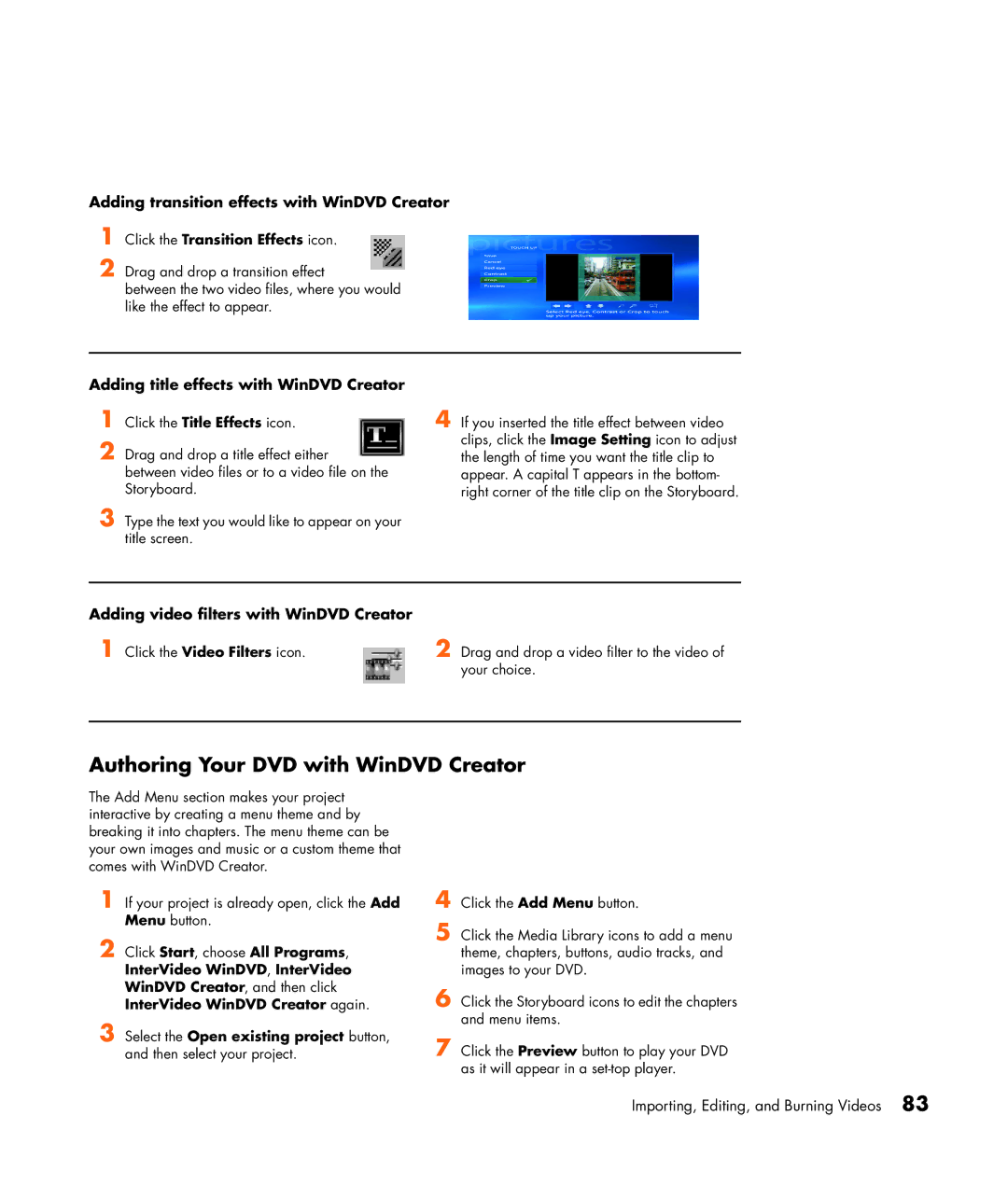 HP m7050y (PX153AV), m7088a, m7091.uk Authoring Your DVD with WinDVD Creator, Adding transition effects with WinDVD Creator 