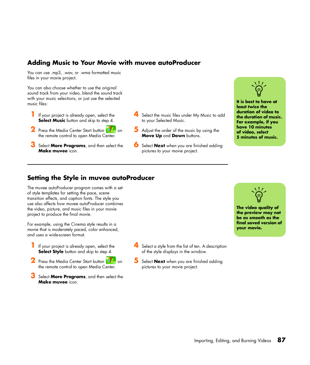 HP m7091.uk, m7088a, m7077c Adding Music to Your Movie with muvee autoProducer, Setting the Style in muvee autoProducer 