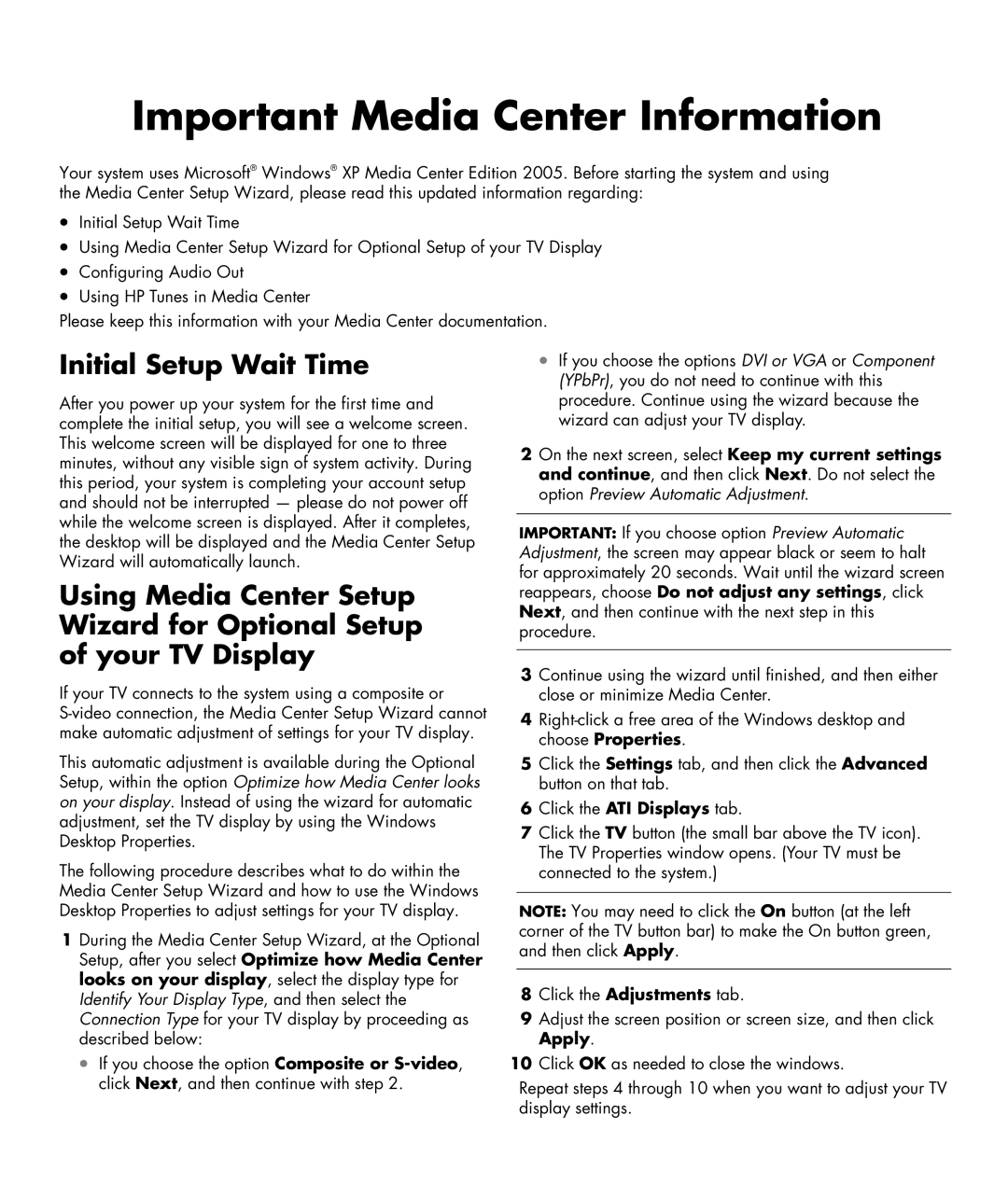 HP m7088d, m7099a, m7088a, m7077d manual Important Media Center Information, Initial Setup Wait Time 