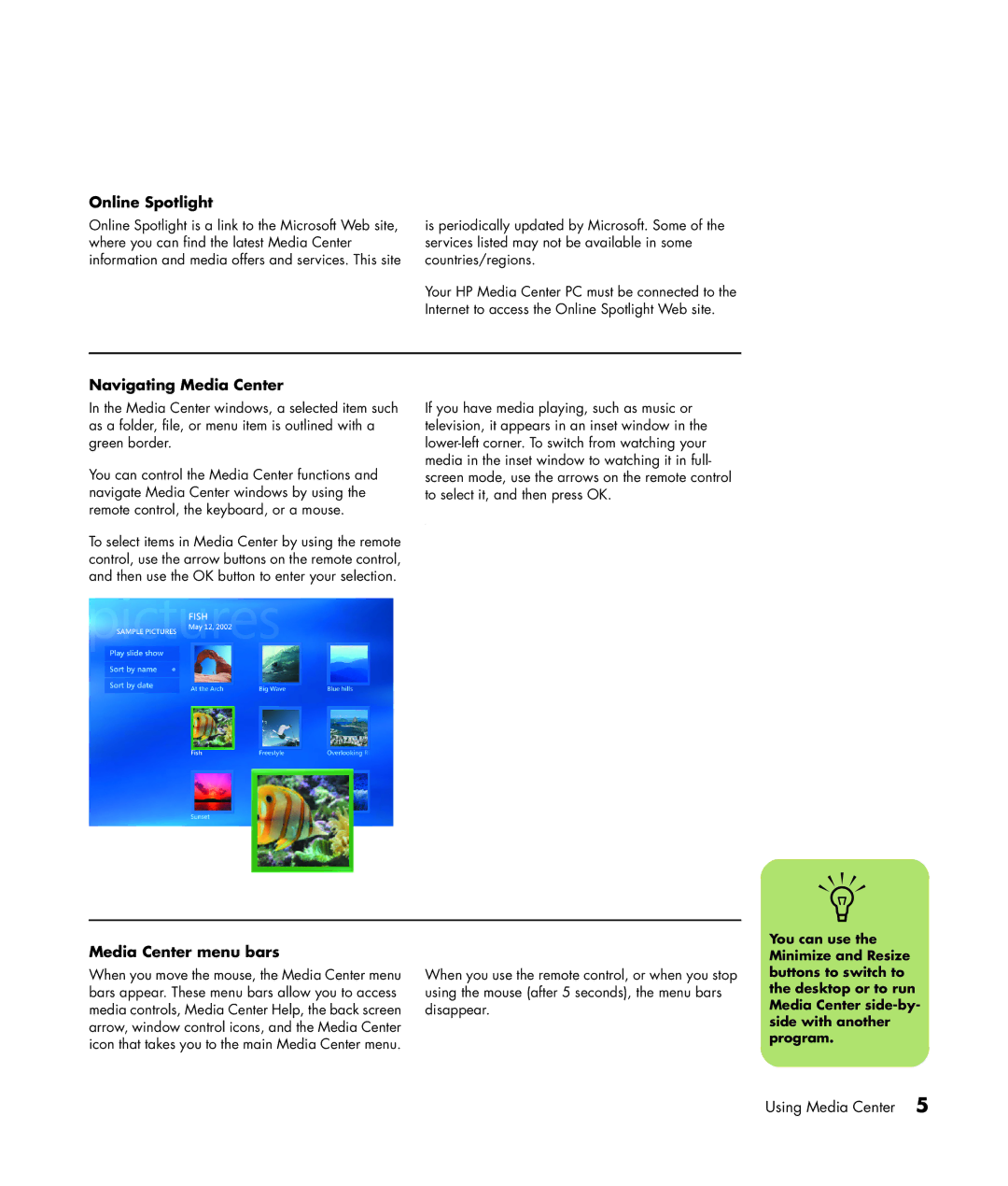 HP m7181.uk manual Online Spotlight, Navigating Media Center, Media Center menu bars 