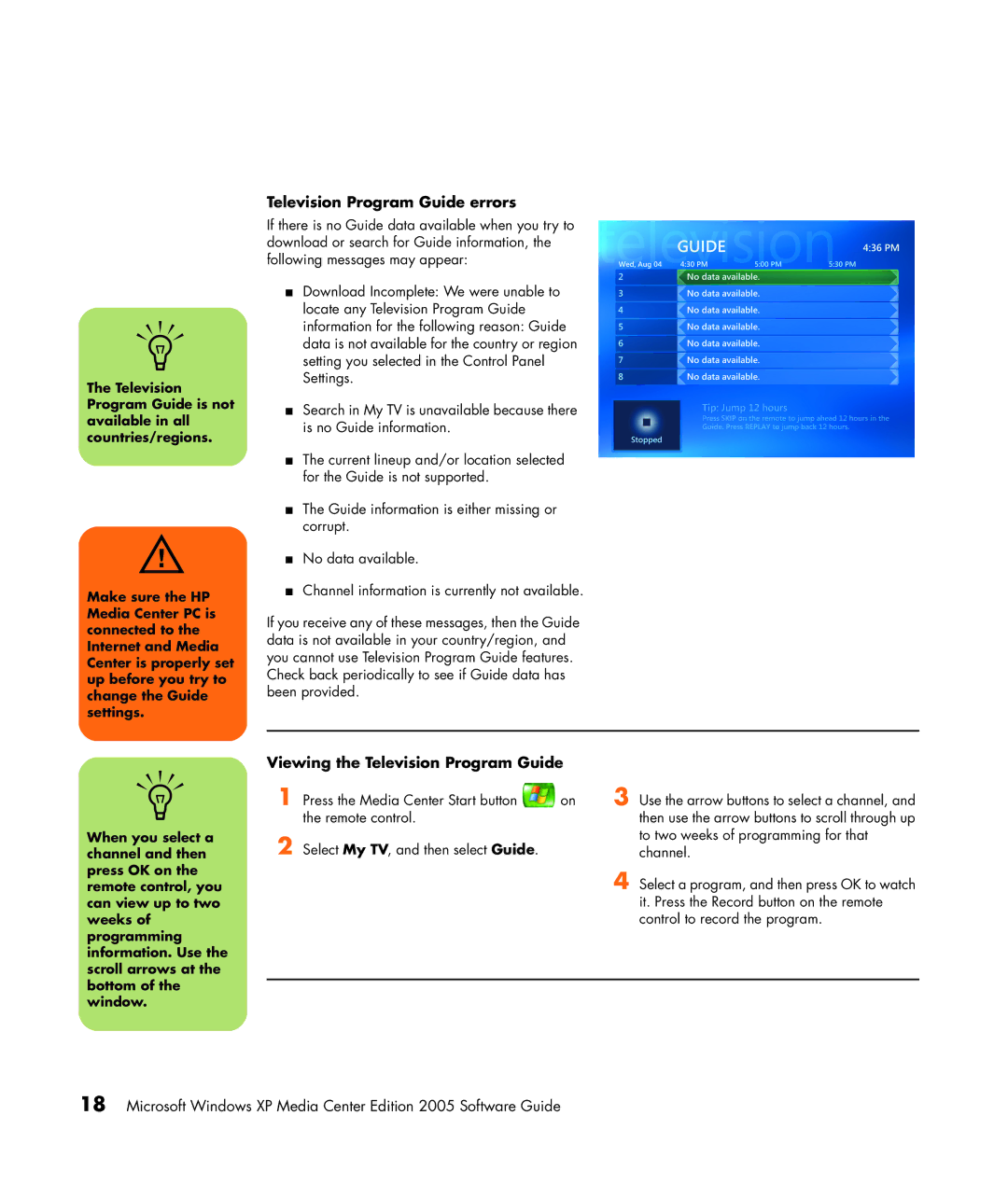 HP m7181.uk manual Television Program Guide errors, Viewing the Television Program Guide 