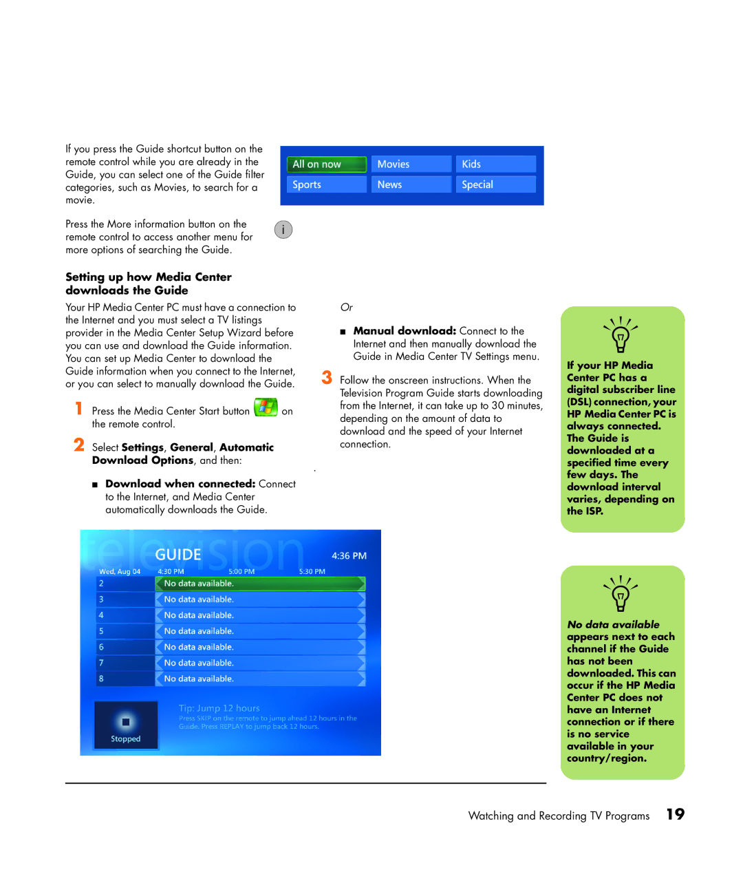 HP m7181.uk manual Setting up how Media Center downloads the Guide 