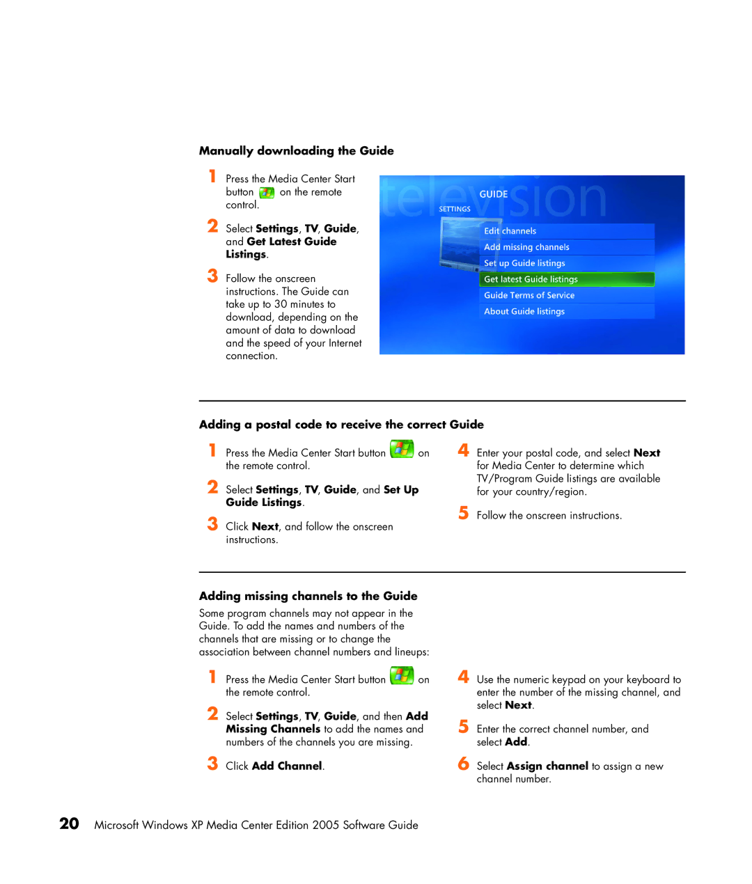 HP m7181.uk manual Manually downloading the Guide, Adding a postal code to receive the correct Guide 