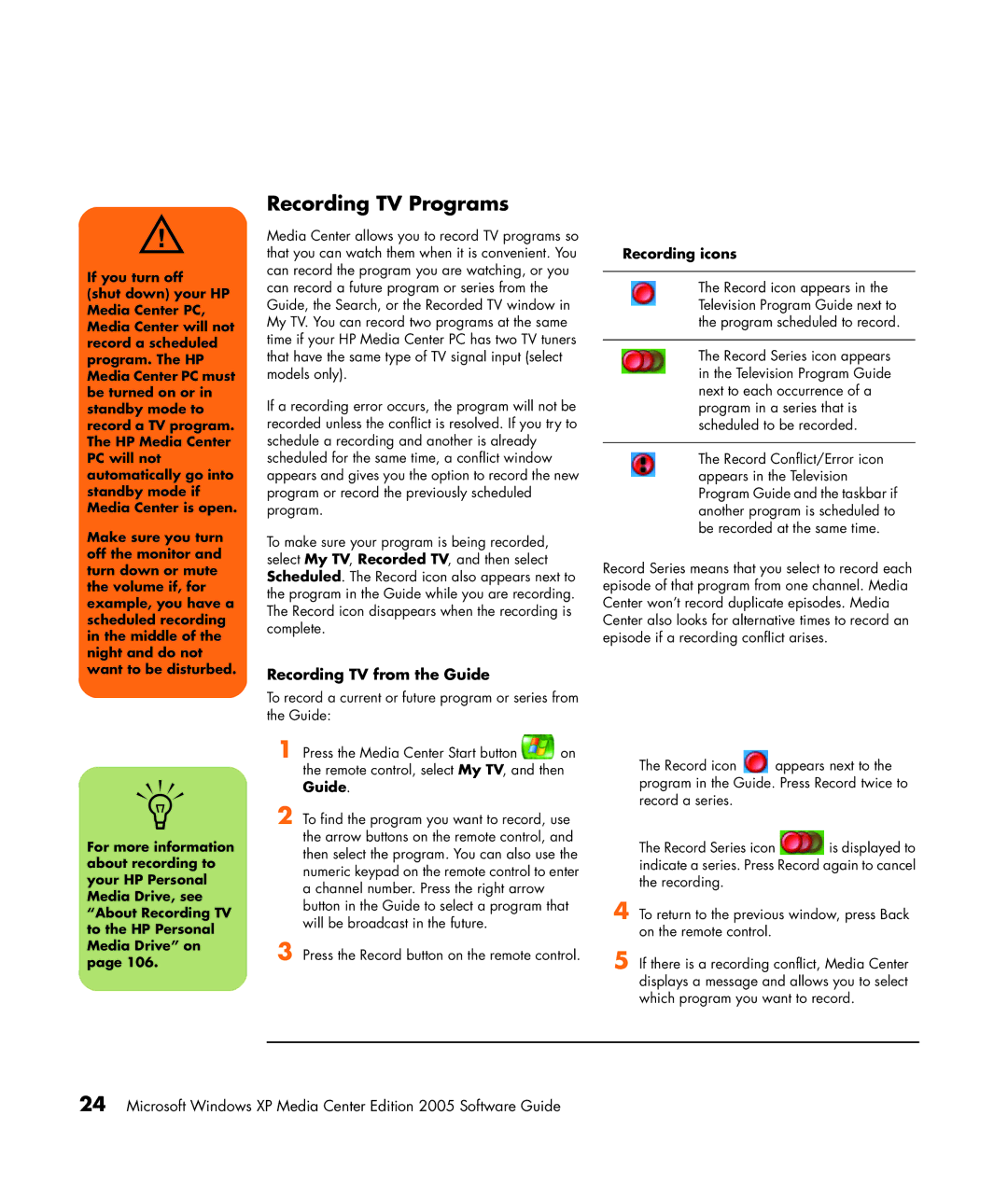 HP m7181.uk manual Recording TV Programs, Recording TV from the Guide, Recording icons 