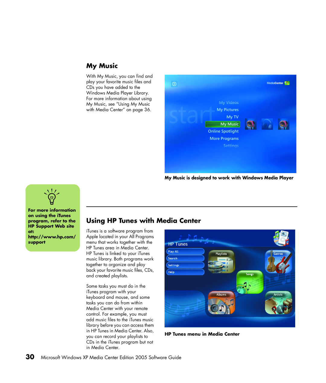 HP m7181.uk manual Using HP Tunes with Media Center, My Music is designed to work with Windows Media Player 