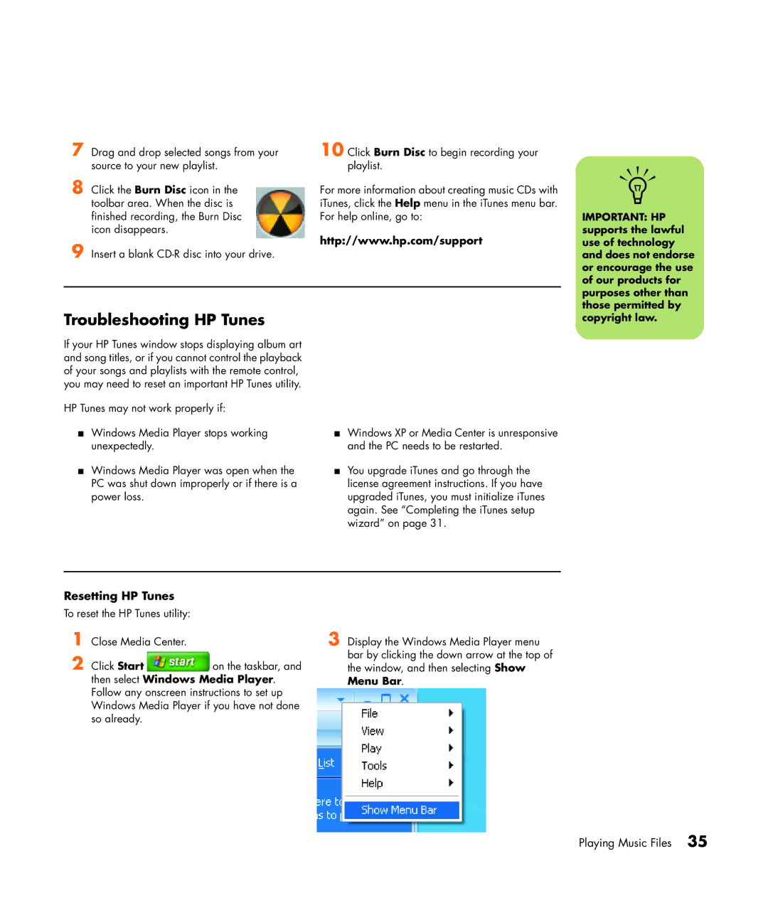 HP m7181.uk manual Troubleshooting HP Tunes, Resetting HP Tunes, Copyright law 