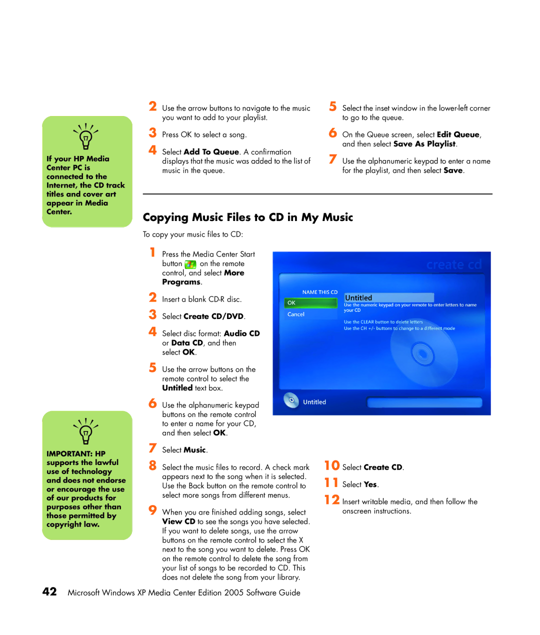 HP m7181.uk manual Copying Music Files to CD in My Music, Programs, Select Create CD 