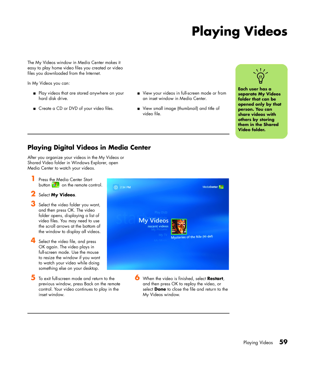 HP m7181.uk manual Playing Videos, Playing Digital Videos in Media Center 