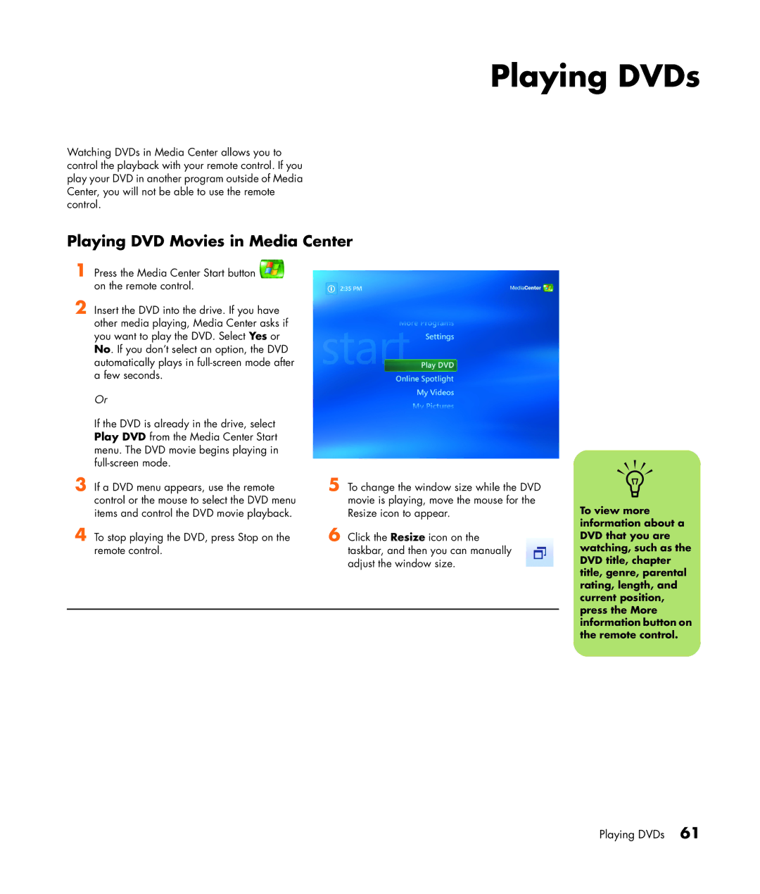 HP m7181.uk manual Playing DVDs, Playing DVD Movies in Media Center 