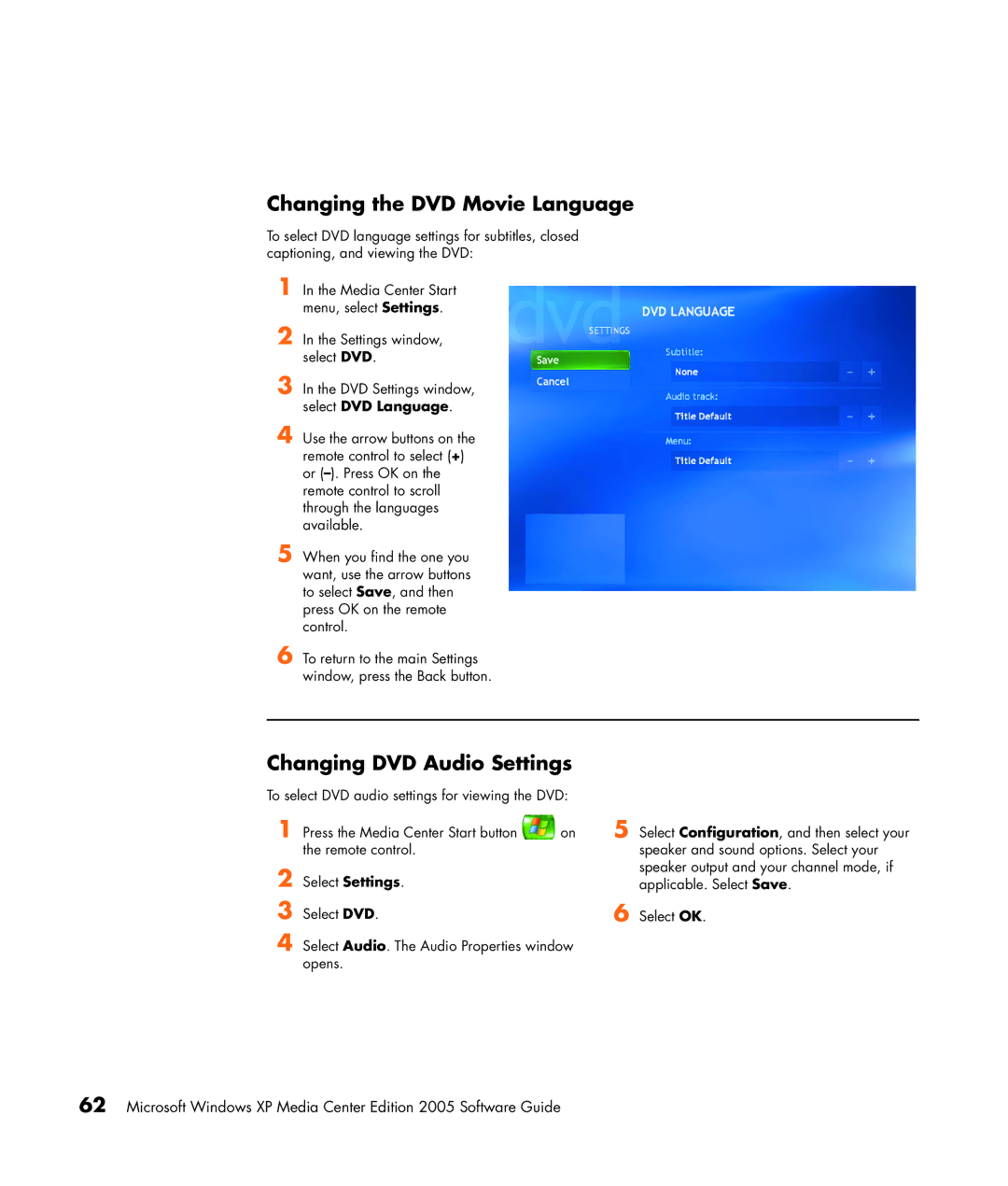 HP m7181.uk manual Changing the DVD Movie Language, Changing DVD Audio Settings 