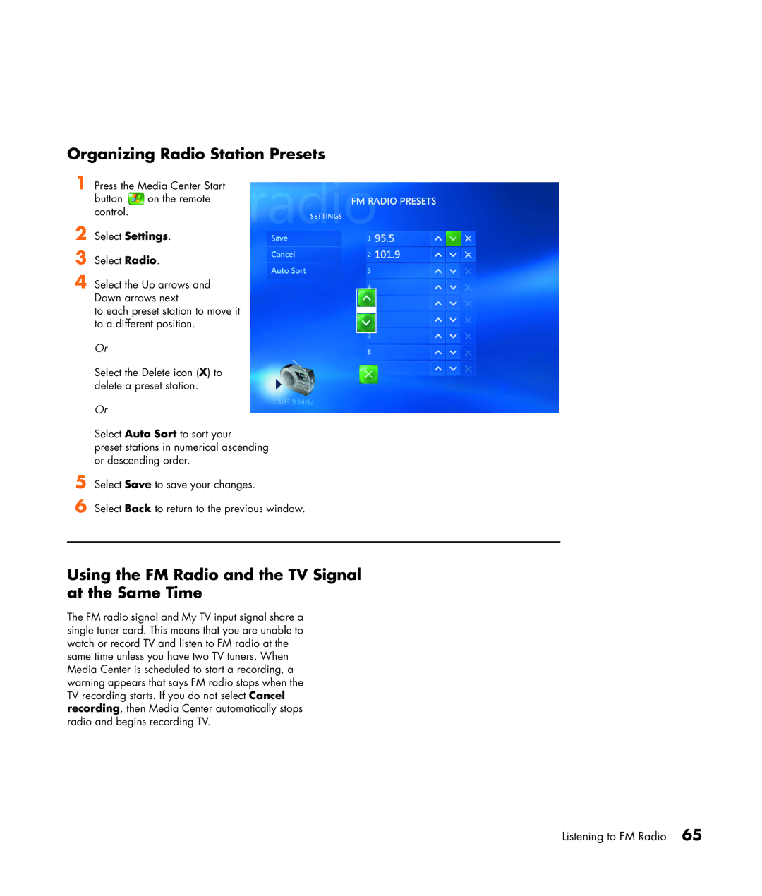 HP m7181.uk manual Organizing Radio Station Presets, Using the FM Radio and the TV Signal at the Same Time 