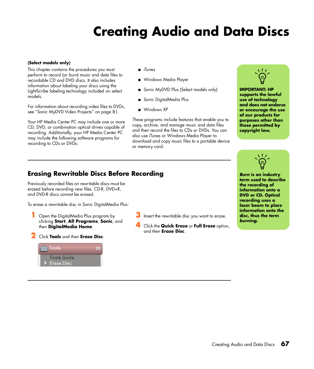 HP m7181.uk manual Creating Audio and Data Discs, Erasing Rewritable Discs Before Recording 