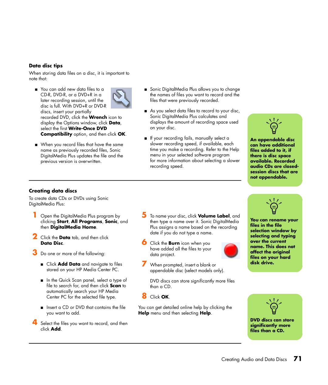 HP m7181.uk manual Data disc tips, Creating data discs 